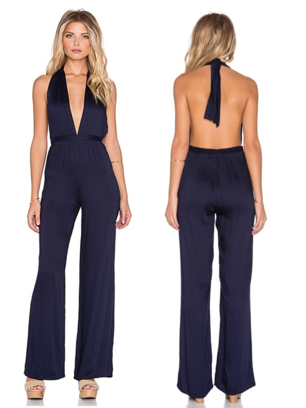 Faithfull the Brand Navy Wide Leg Halter Jumpsuit Size Small